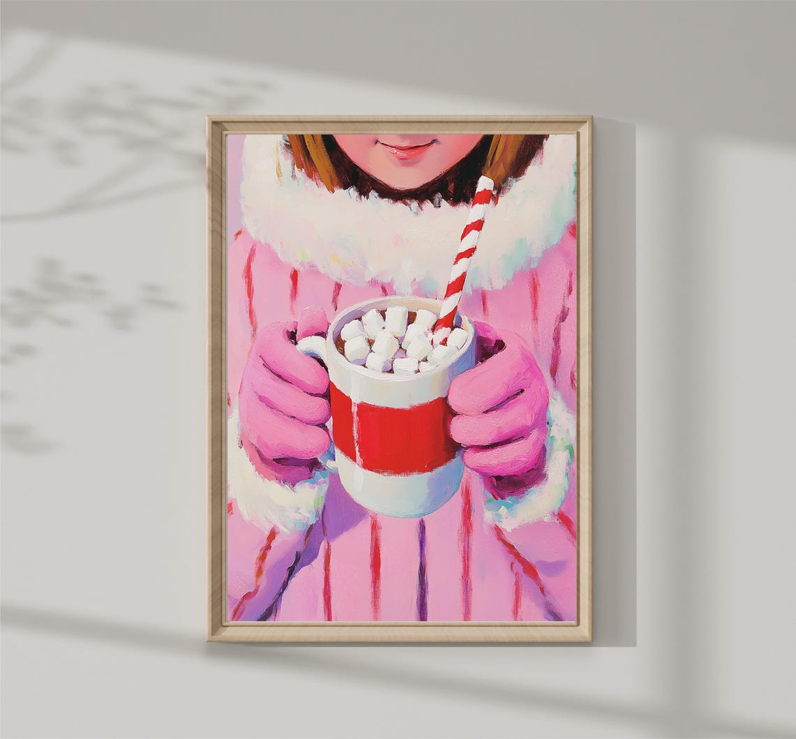 Painting Of Girl With Cup Of Hot Cocoa Colourful Art Christmas Cake Decoration Christmas Cake Pink December - Image 3