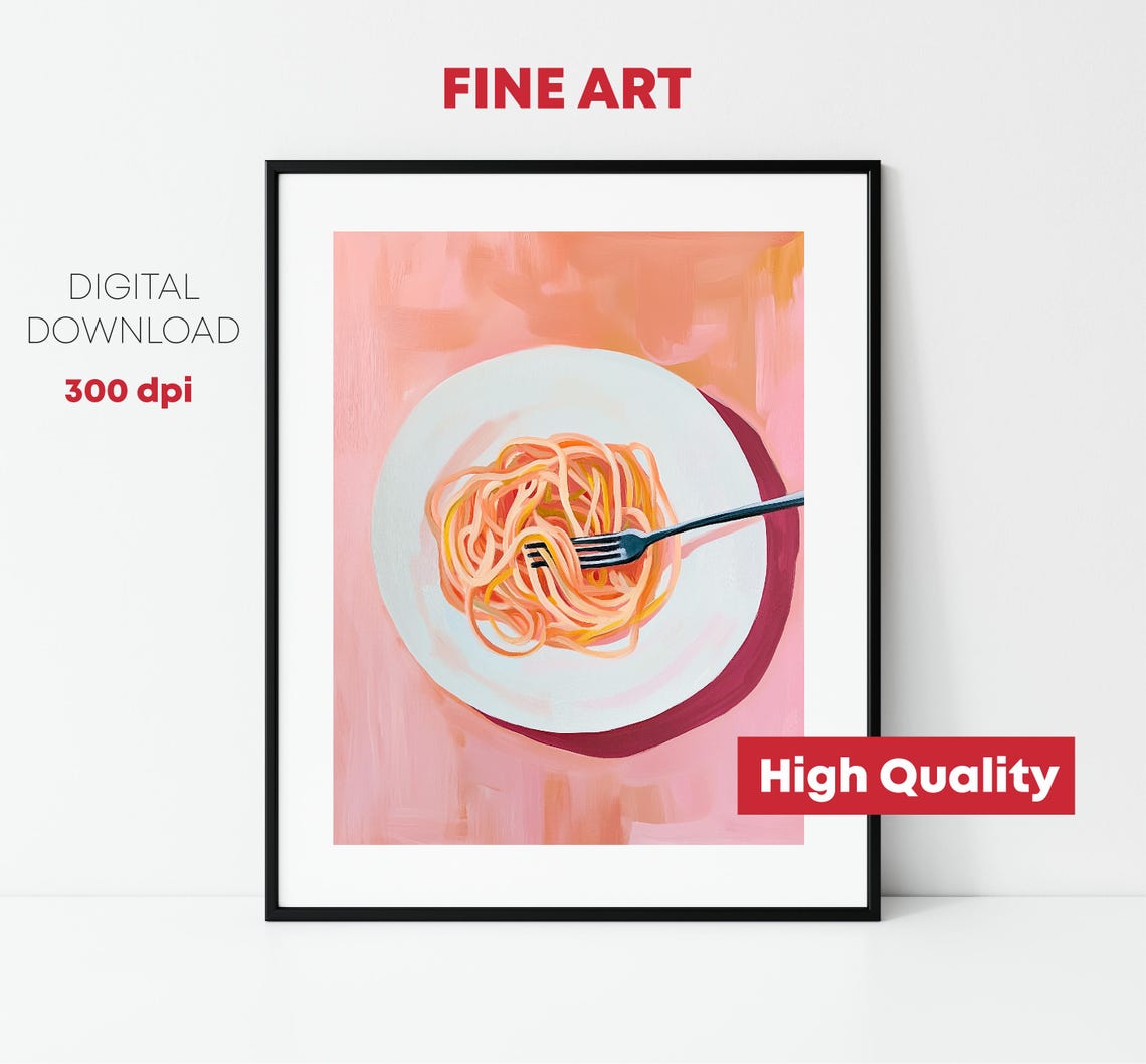 Pink Spaghetti Plate Fork Top Down Food Painting Kitchen Wall Art - Image 4