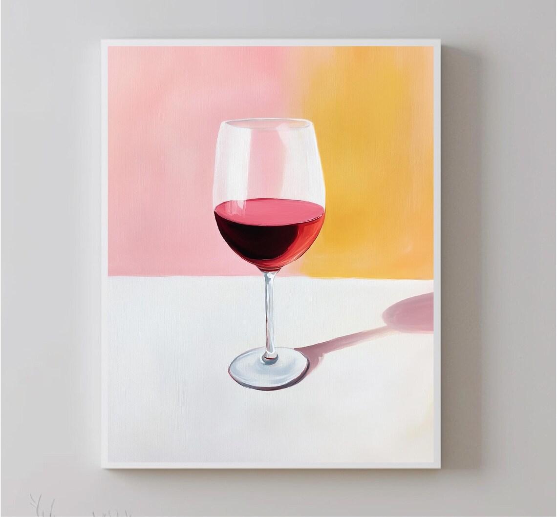 Red Wine Glass Pastel Pink Yellow Minimalist Bar Kitchen Art Print - Image 5