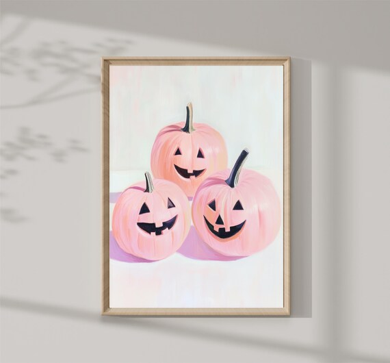 Three Pink Jack O Lantern Pumpkins Cute Pastel Halloween Print