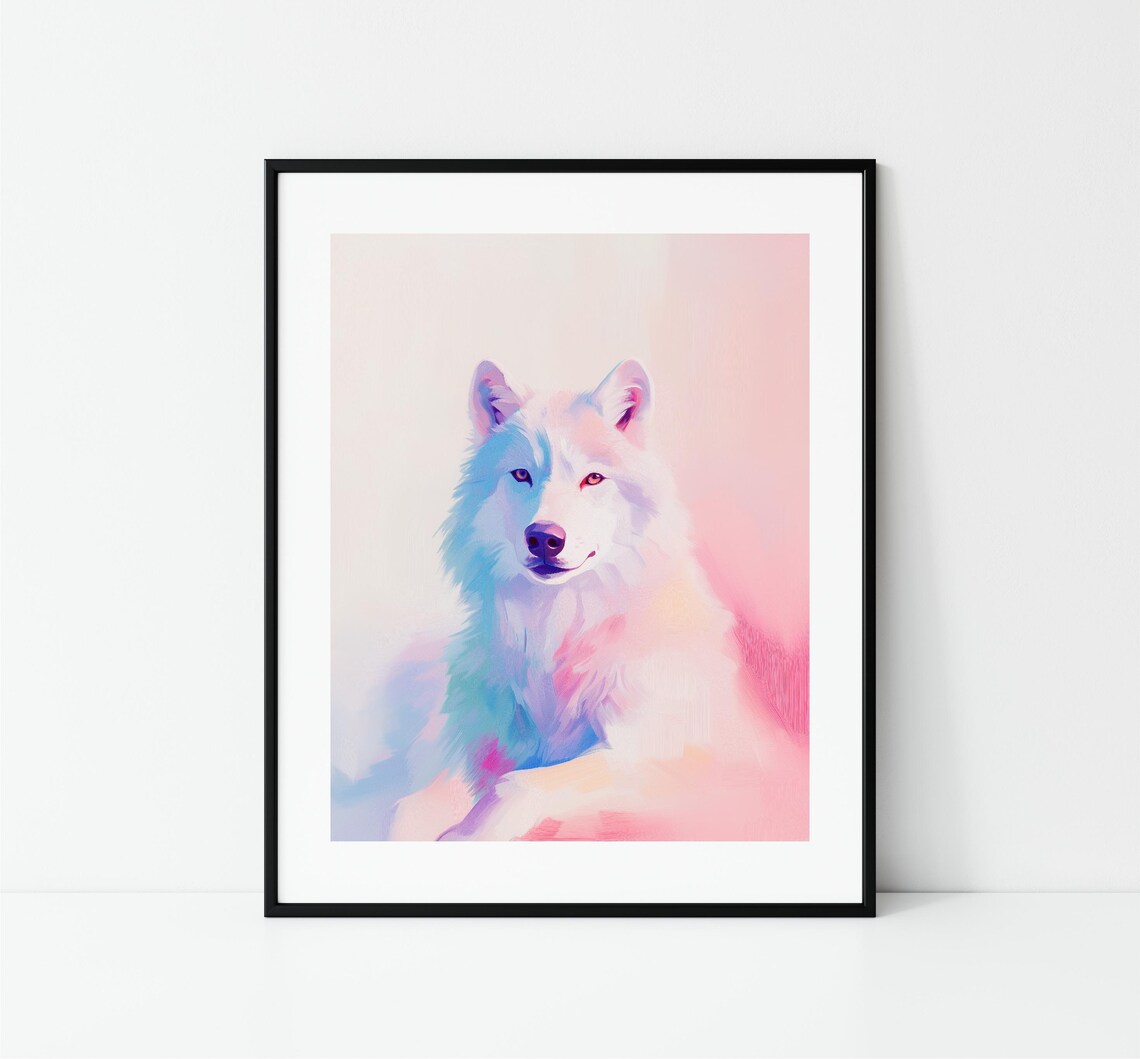 Cute Pastel Husky Dog Portrait Pink Blue Nursery Animal Wall Art - Image 3