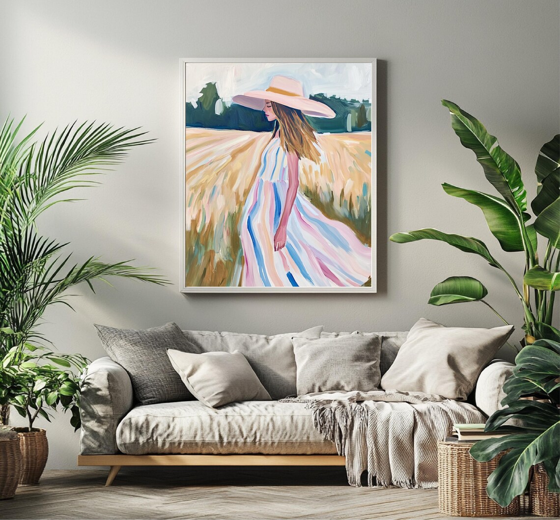 Woman Striped Dress Sun Hat Golden Field Summer Figure Art Poster - Image 3