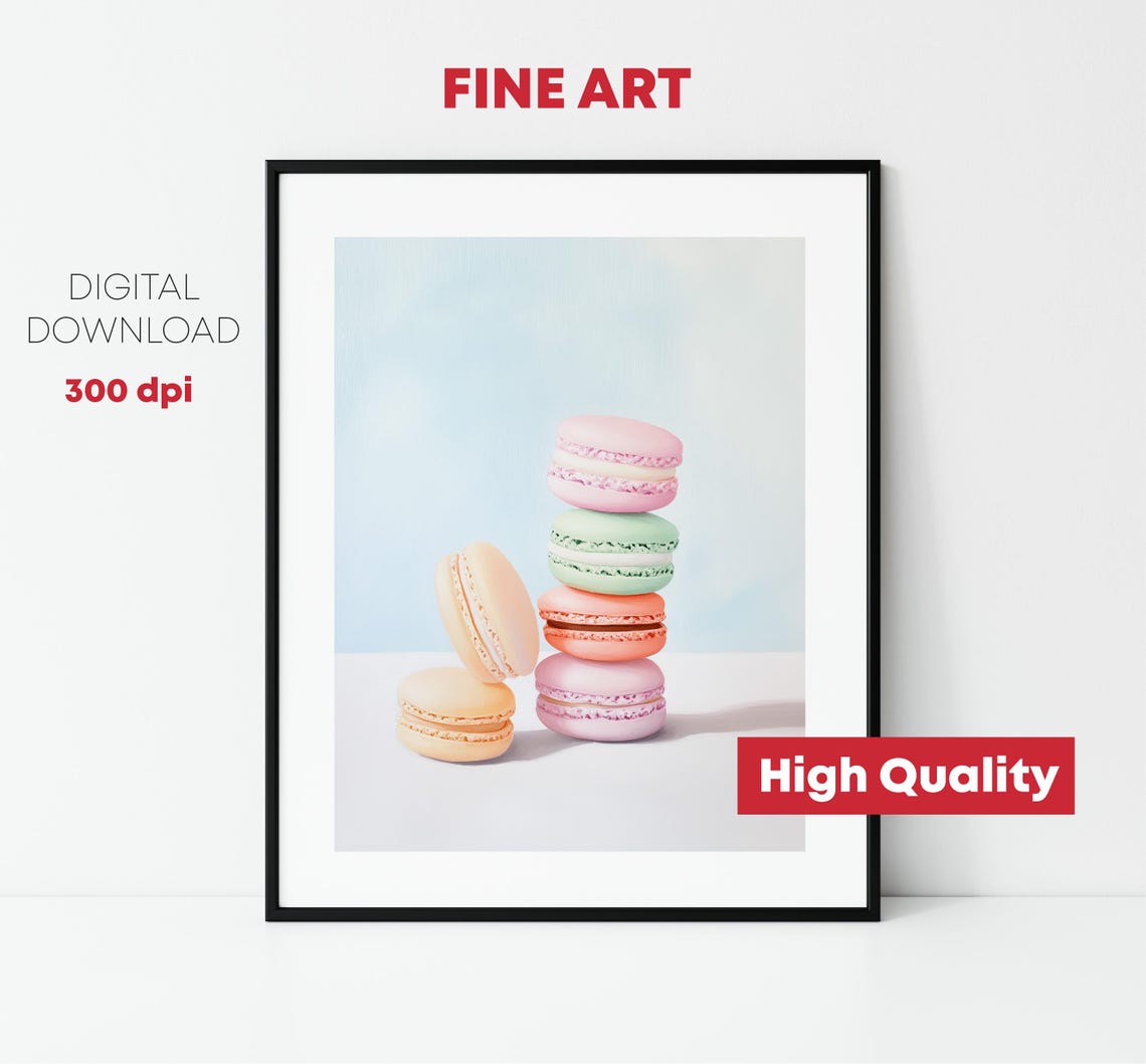 Pastel Macarons Tower Pink Green Peach French Bakery Art Print - Image 2