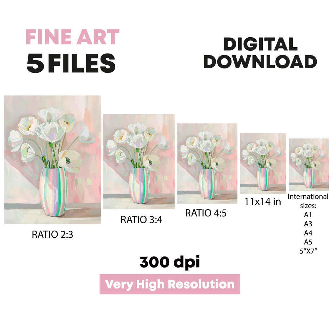 White Poppies In Pastel Striped Vase Floral Still Life Art Poster - Image 3