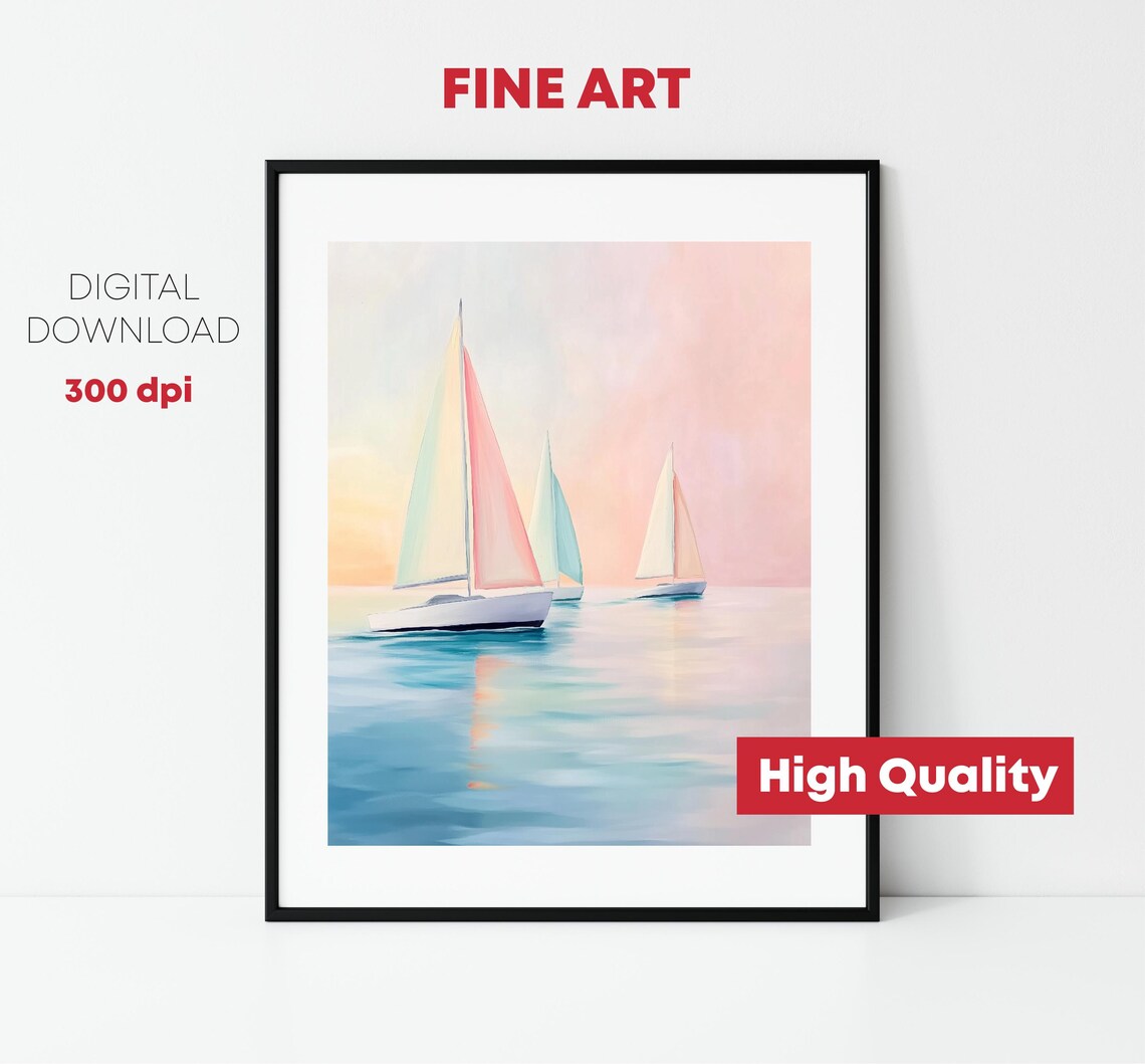 Three Sailboats Calm Pastel Sunset Sea Serene Coastal Sailing Art Print - Image 2