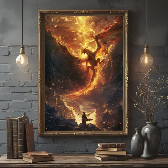 Dragon Wall Art Fantasy Poster Fire Print Gamer Decor Epic Artwork Magical Medieval Gift For Him