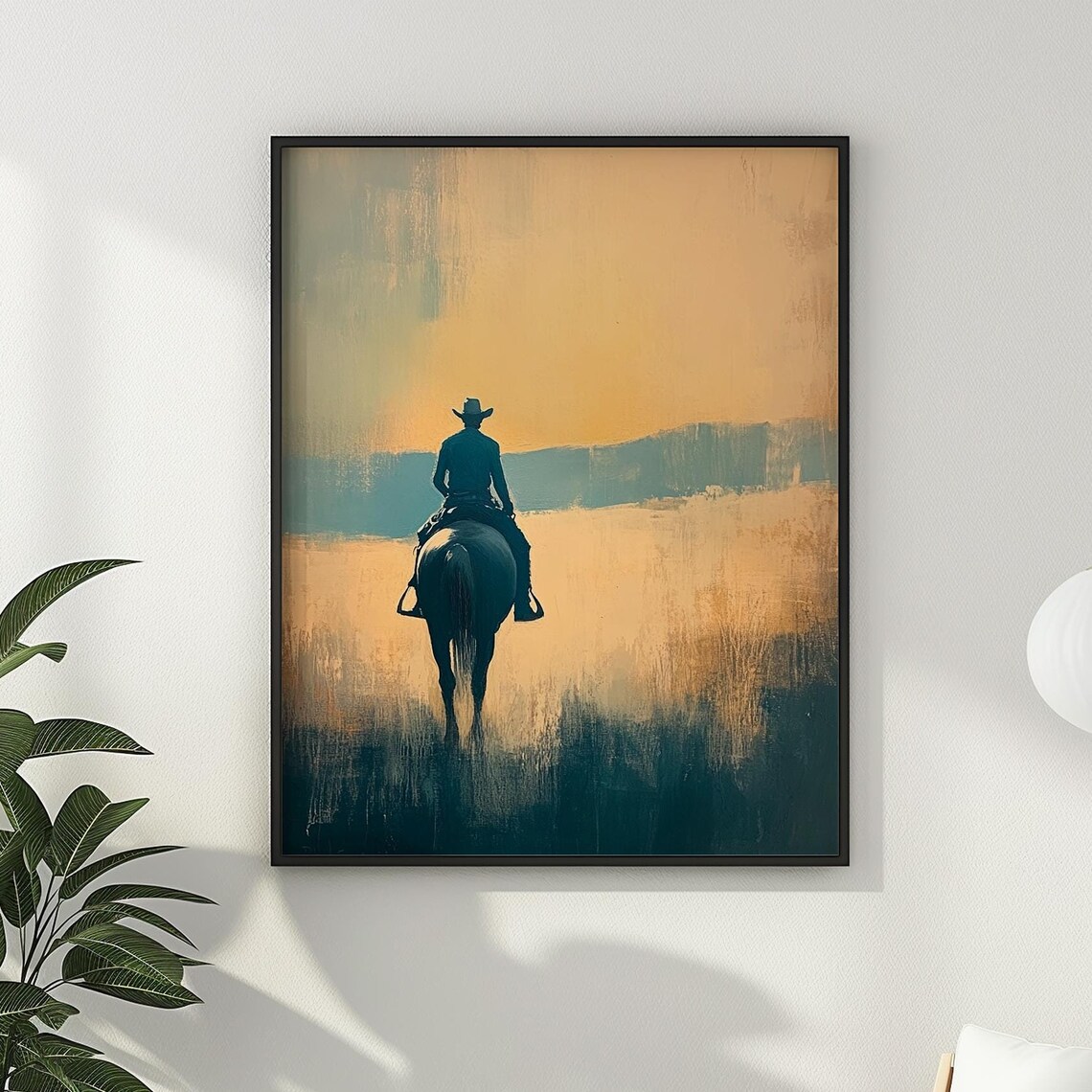 Lone Cowboy on Horseback Sunset Abstract Western Landscape Poster