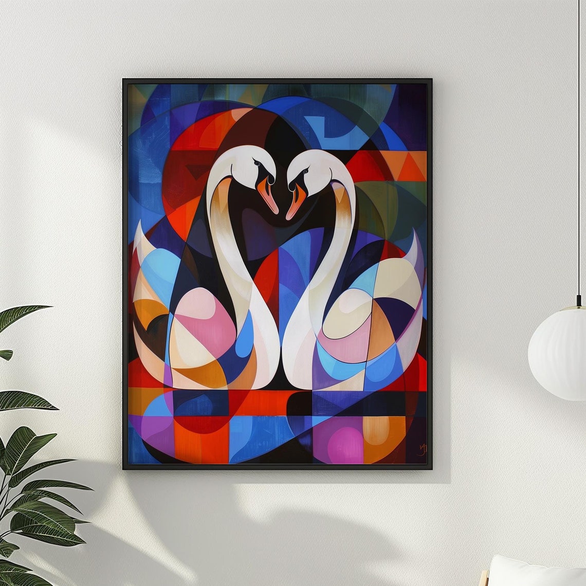 Swan Couple Heart Shape Colorful Geometric Mosaic Love Poster