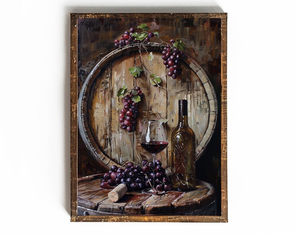 Red Wine Still Life With Barrel Grapes Bottle and Glass Poster