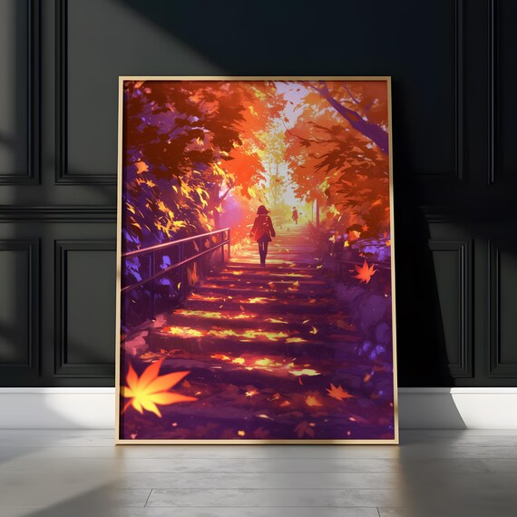 Silhouette Climbing Glowing Autumn Staircase at Sunset Poster