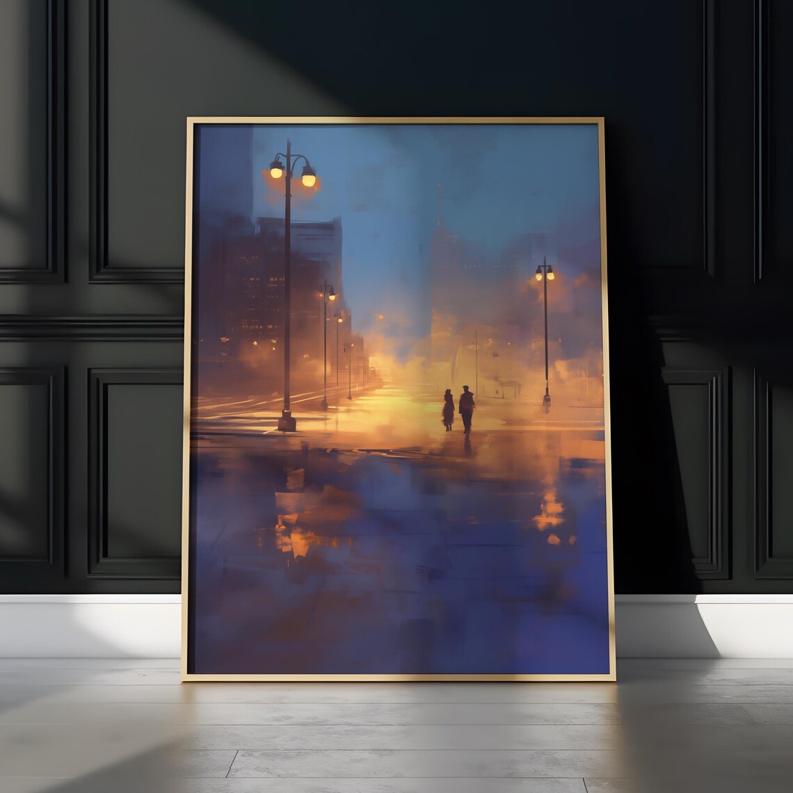 Romantic Couple Silhouette Golden Dusk Foggy Evening Street Poster