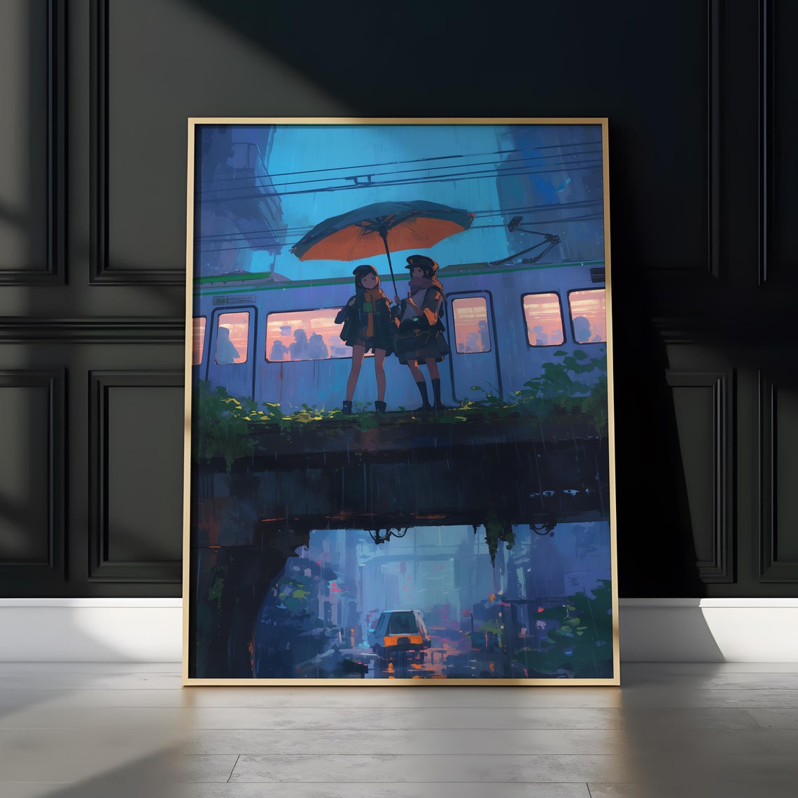 Two Anime Girls Sharing Umbrella Rainy Train Platform Poster