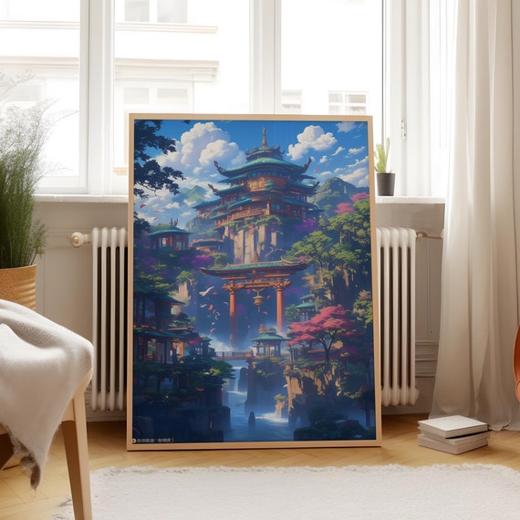 Anime Temple Complex Matte Vertical Posters Japanese Landscape Wall Art Cherry Blossom Decor Fantasy Pagoda Print Asian Art Poster