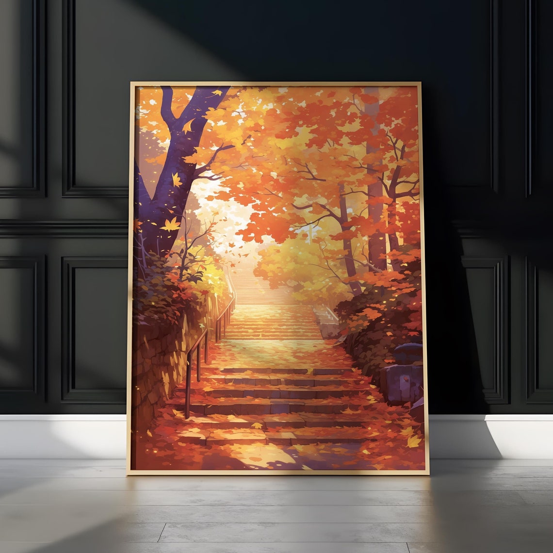 Autumn Maple Forest Stone Staircase Falling Leaves Glow Poster