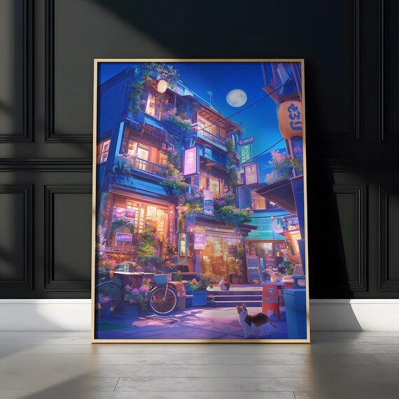 Japanese Street Night Moonlit Lanterns Cat Bicycle Lofi Anime Poster