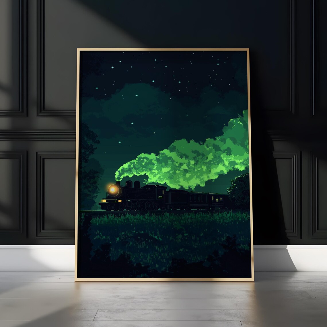 Pixel Art Steam Locomotive Night Green Smoke Retro Train Art Poster