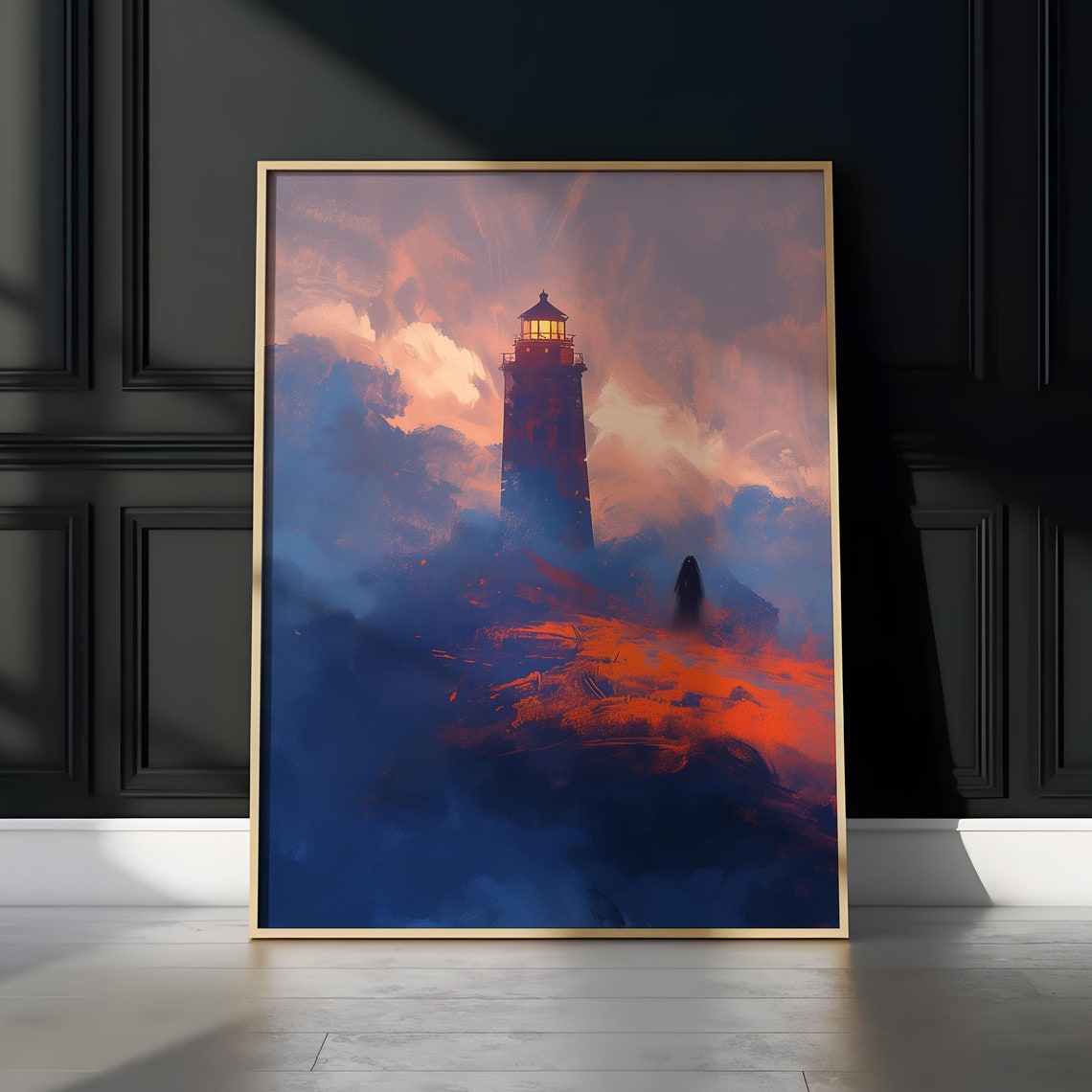 Mystic Lighthouse Ember Clouds Night Ocean Dramatic Glow Poster