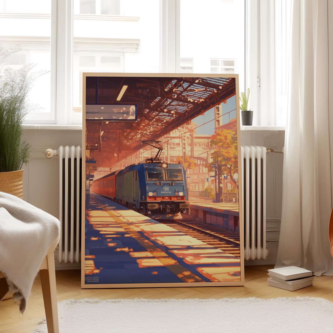 Anime Train Station Sunset Locomotive Japanese City Travel Poster