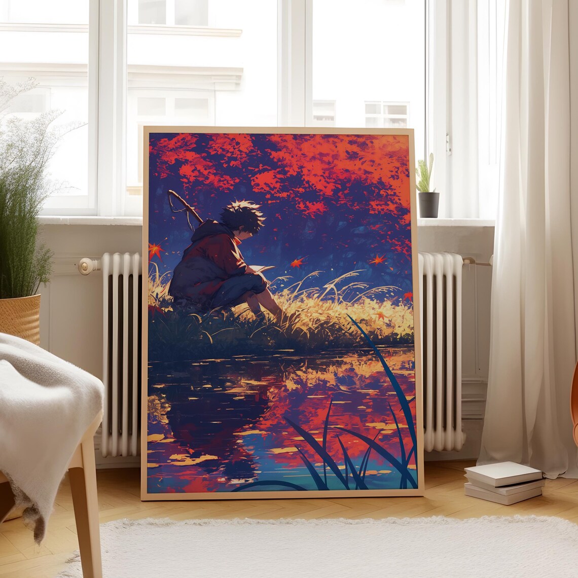 Anime Boy Reading Sunset Lake Reflection Autumn Grasses Poster