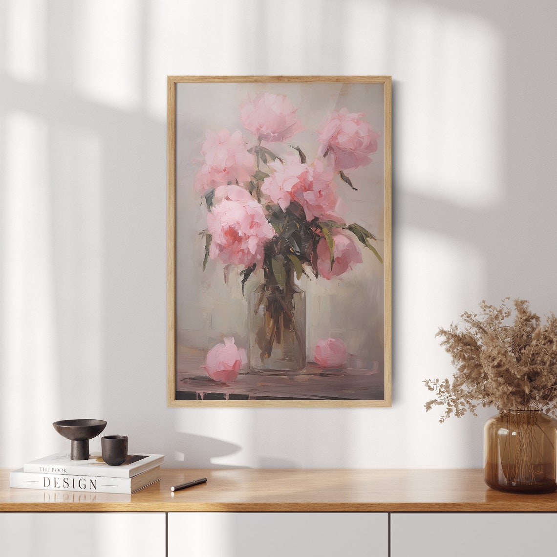 Pink Peonies Oil Painting Moody Pink Peonies Painting Vintage Art Print Flower Print Farmhouse Decor Wall Art Wall Decor - Image 2