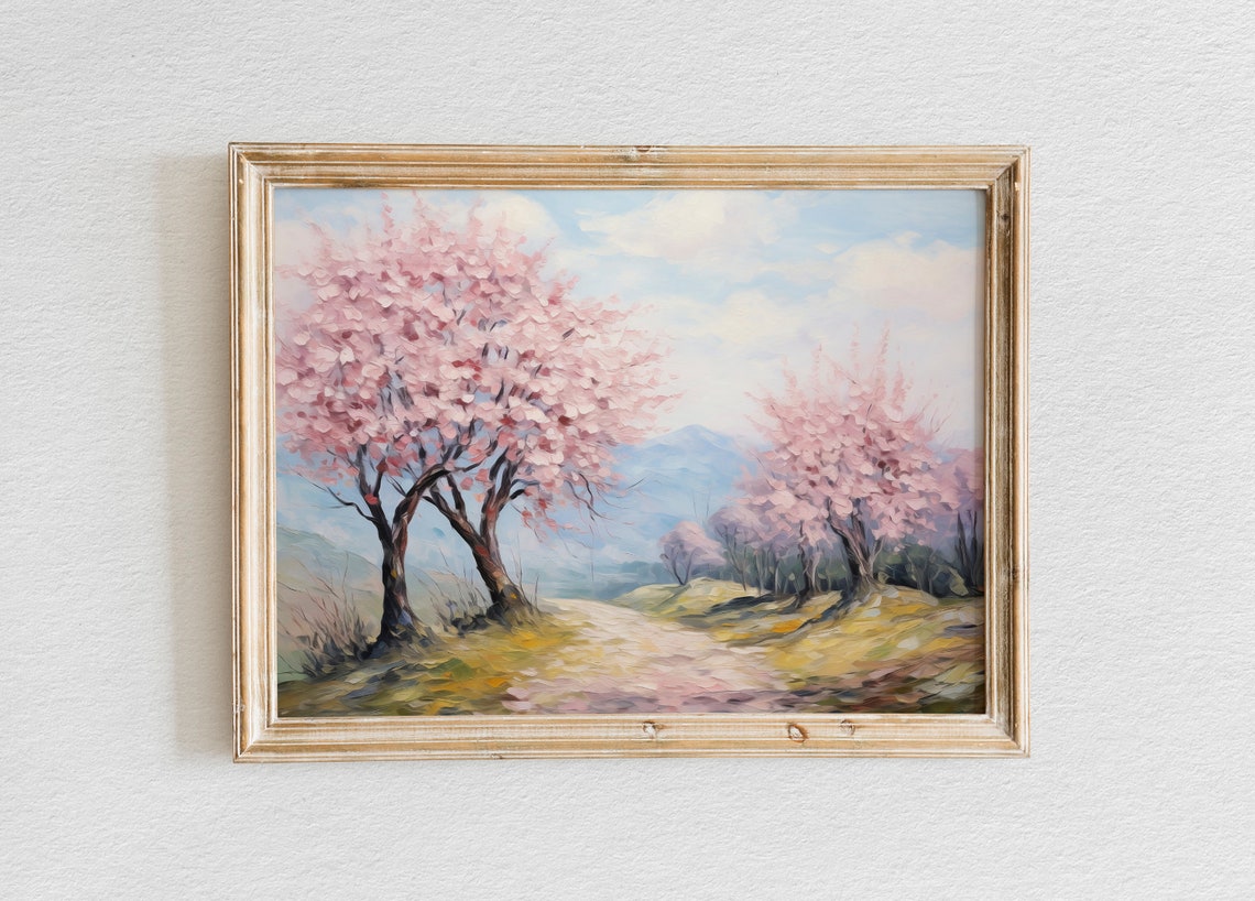 Blossoming Sakura Trees Pastel Spring Landscape Scene Poster