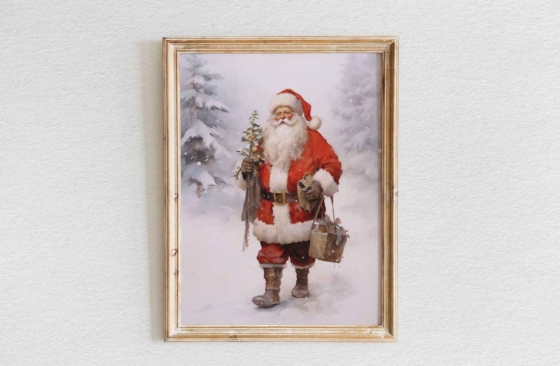 Santa Claus Carrying a Small Tree and Gift Bag Through Snow Poster