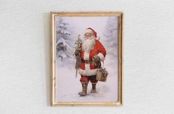 Santa Claus Carrying a Small Tree and Gift Bag Through Snow Poster