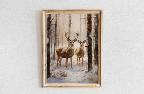 Pair of Deer Standing in Snowy Birch Forest Winter Scene Art Poster