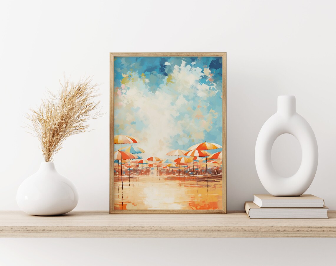 Beach Umbrellas Coastal Impressionist Shore Scene Art Poster - Image 3