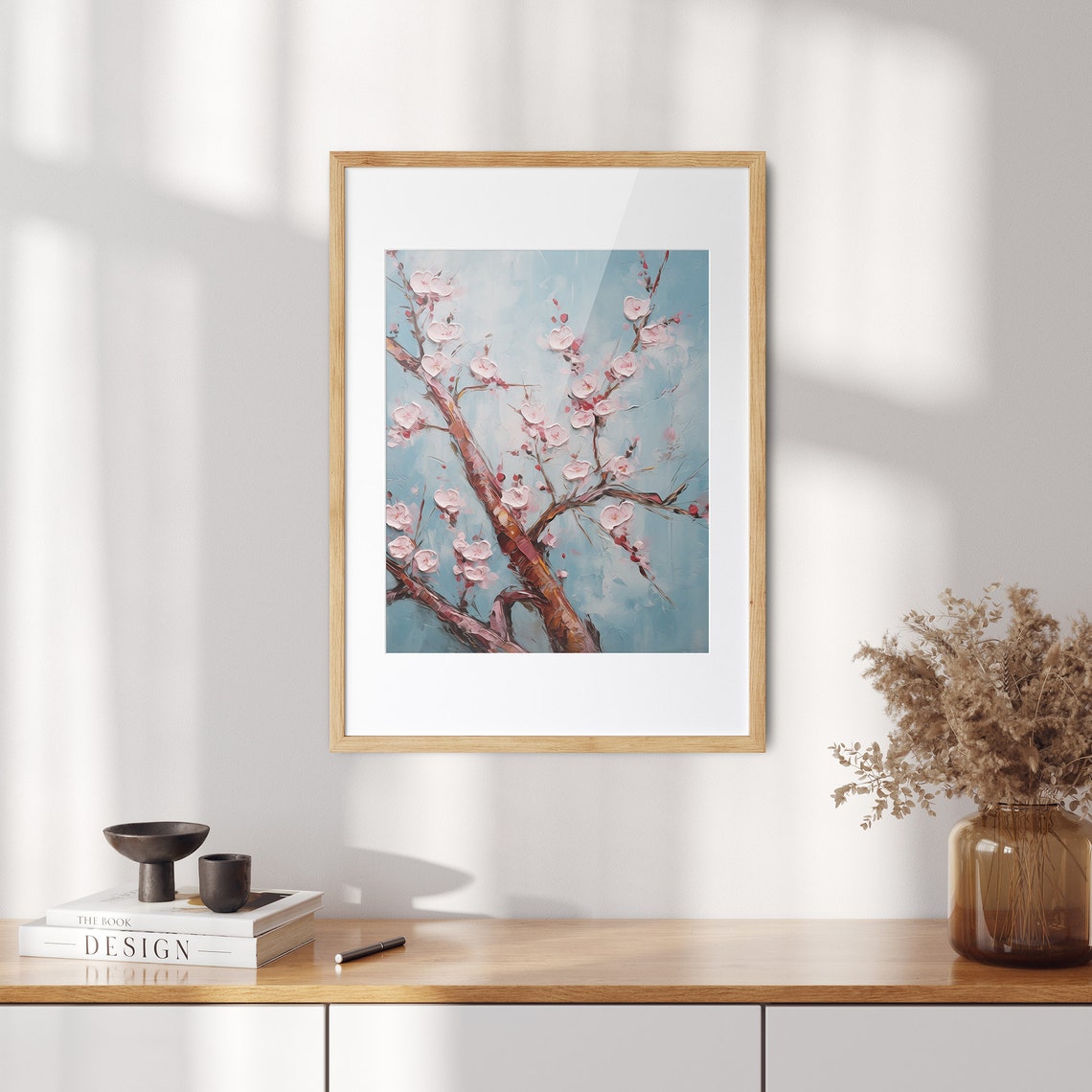 Pink Cherry Blossom Branches Oil Painting on Blue Sky Poster - Image 2