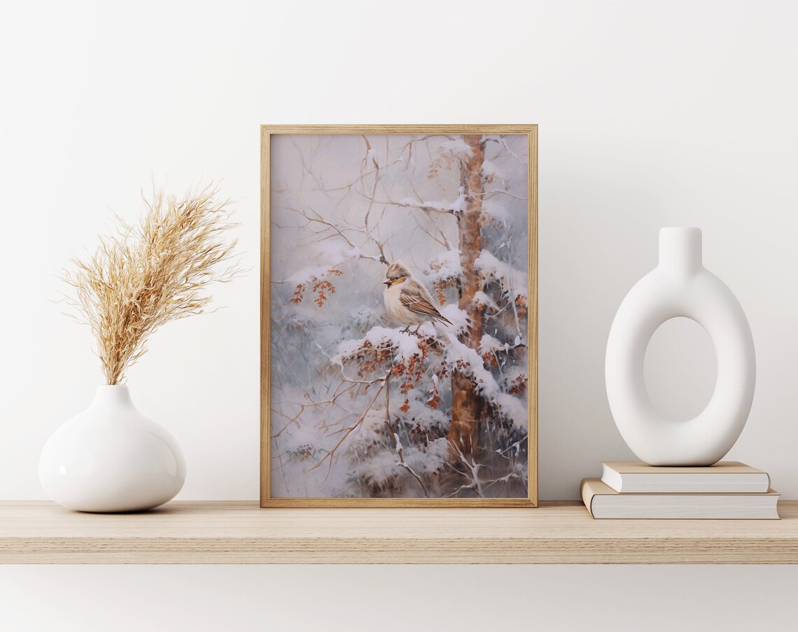 Lone Small Bird on Snow Covered Branch in Misty Winter Wood Art Poster - Image 3
