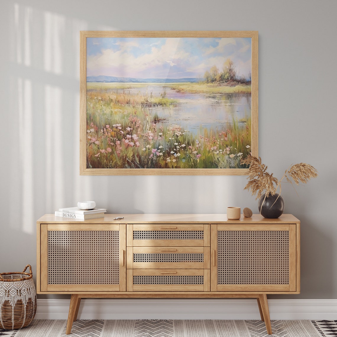 Wildflower Meadow Beside a Calm River Pastel Landscape Poster - Image 2