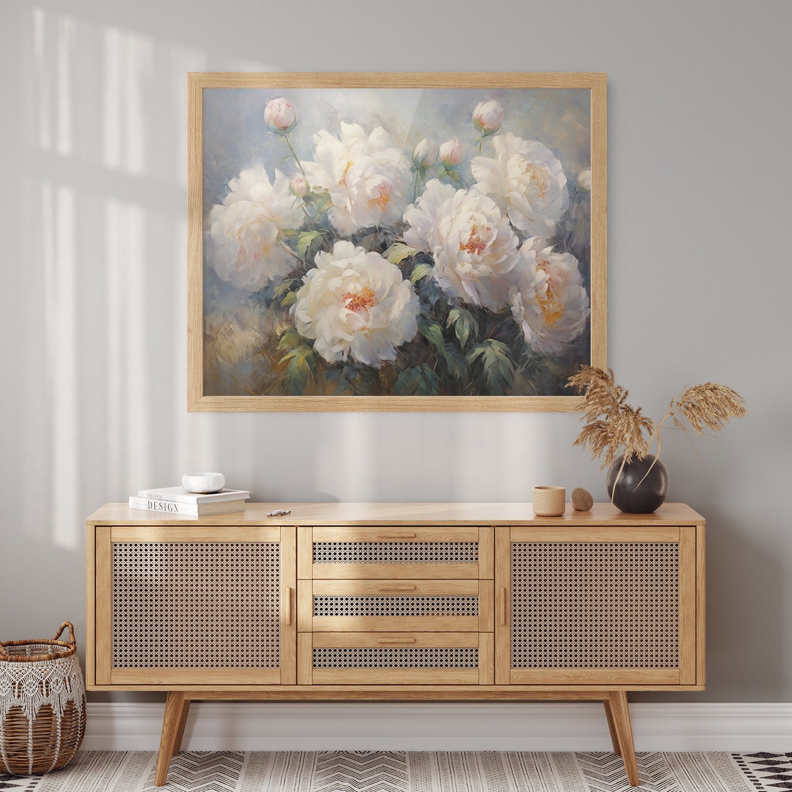 Lush White Peonies Blush Buds Dreamy Floral Oil Painting Poster - Image 2