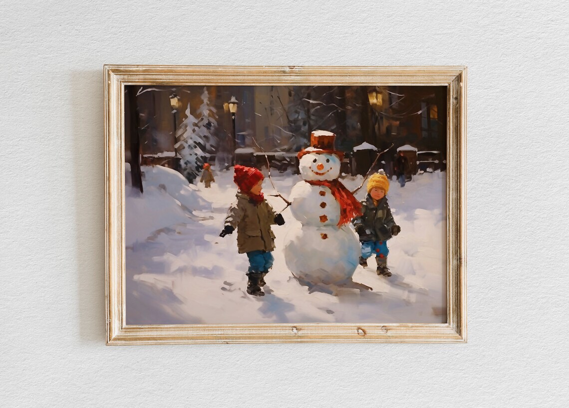 Two Children Building a Snowman on a Snowy Village Street Poster