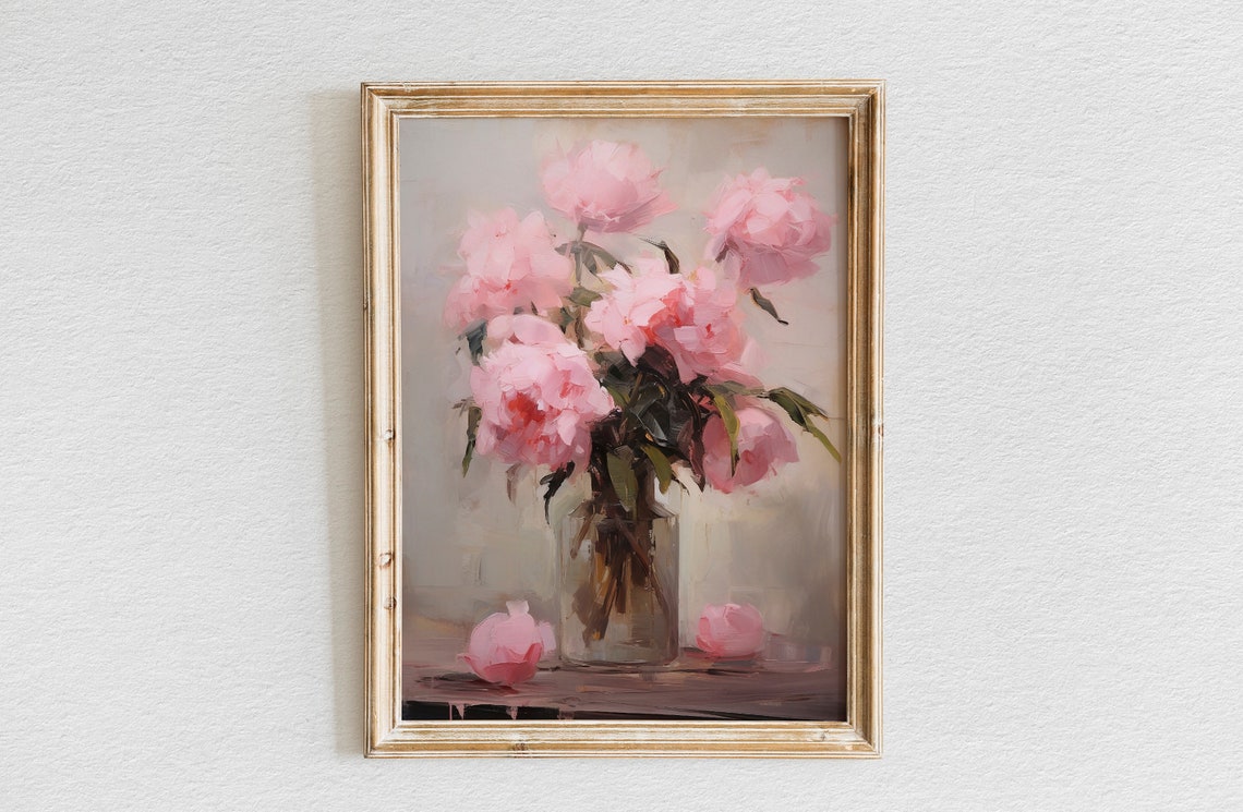 Pink Peonies Oil Painting Moody Pink Peonies Painting Vintage Art Print Flower Print Farmhouse Decor Wall Art Wall Decor