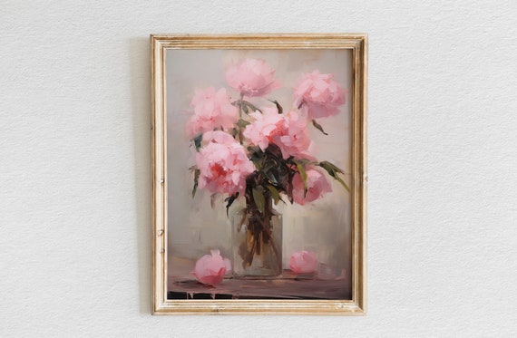 Pink Peonies Oil Painting Moody Pink Peonies Painting Vintage Art Print Flower Print Farmhouse Decor Wall Art Wall Decor