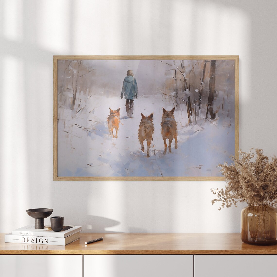 Person Walking Three Dogs Through a Snowy Winter Forest Poster - Image 3