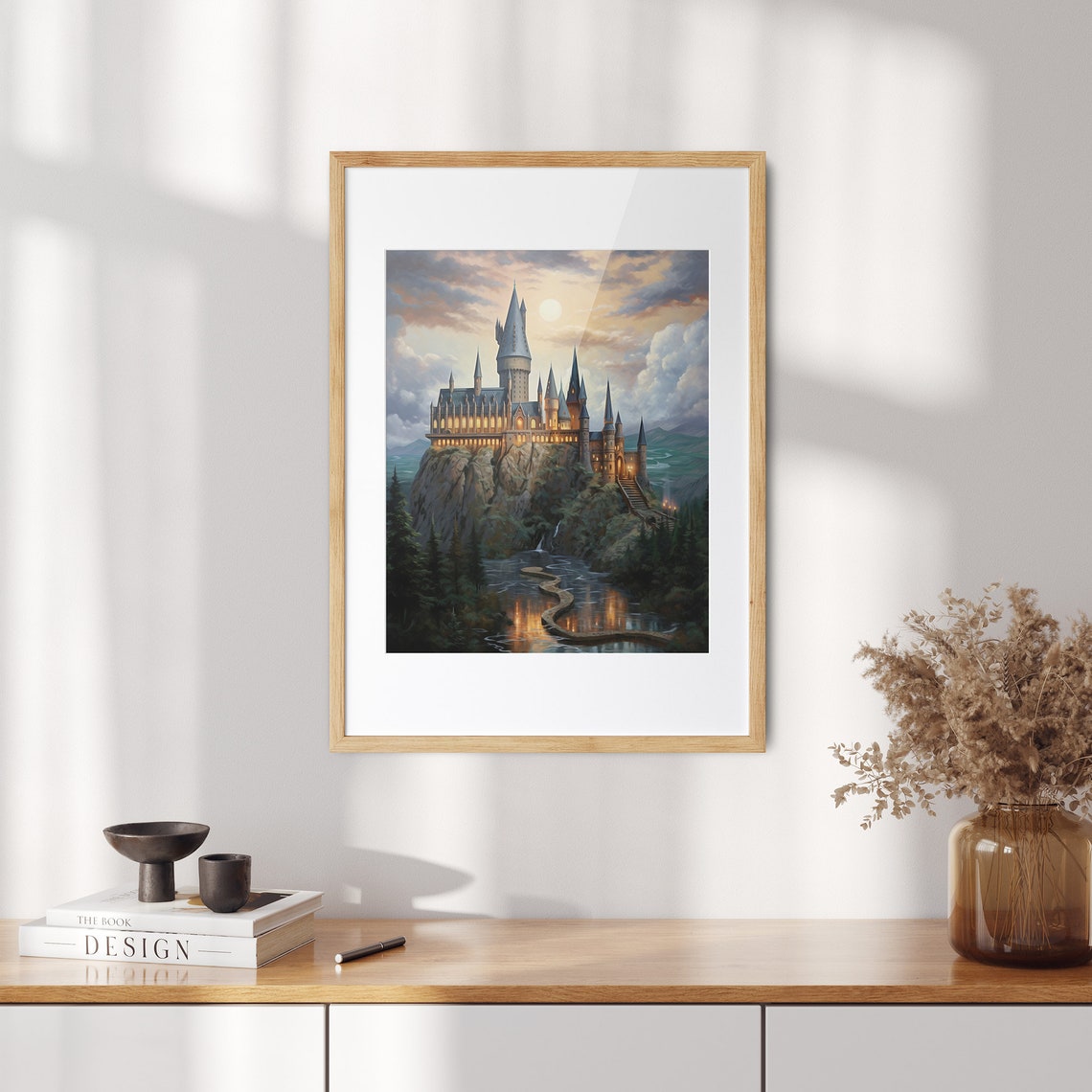 Moonlit Fantasy Castle on Cliffs Enchanted Oil Painting Poster - Image 2