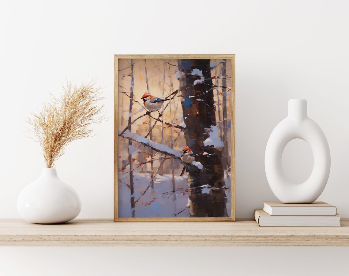 Two Songbirds Perched on Snowy Branches in Glowing Winter Forest Poster - Image 3