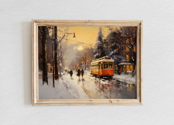 Vintage Red Trolley Snowy City Street Winter Evening Scene Poster