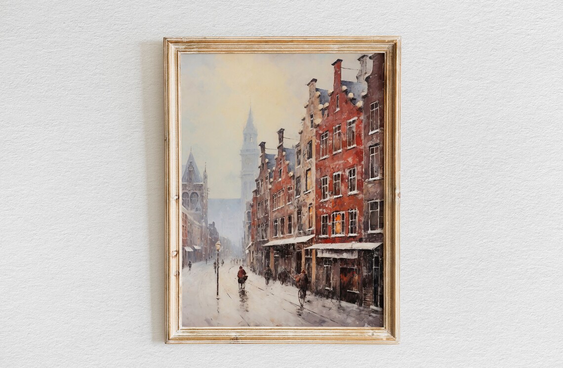 Snowy Amsterdam Street Bicycles Gabled Houses Winter Cityscape Poster