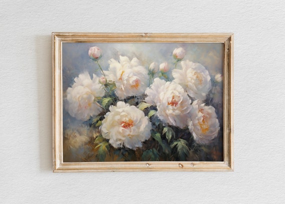 White Peonies Oil Painting Moody White Peonies Painting Vintage Art Print Flower Print Farmhouse Decor Wall Art Wall Decor