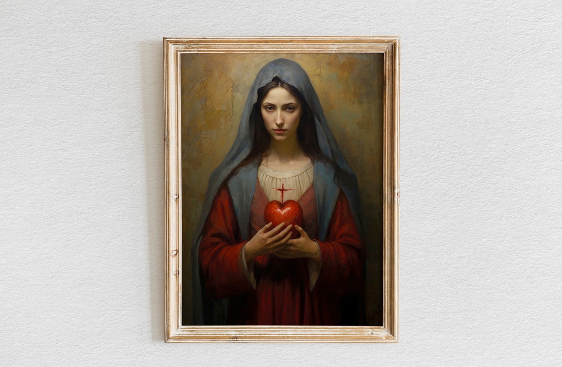 Sacred Heart of Mary Holding Heart Catholic Devotional Art Poster