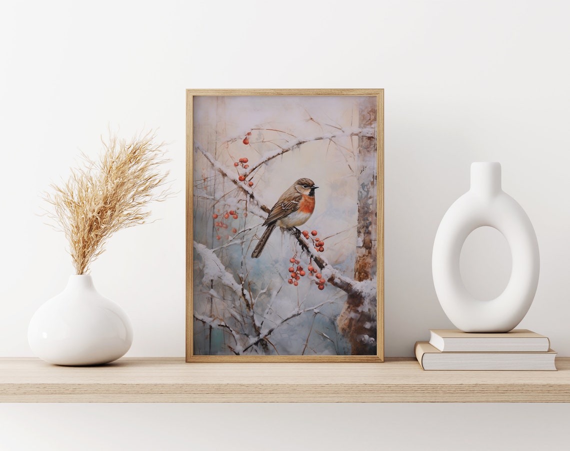 Robin Perched on a Snowy Branch with Red Winter Berries Poster - Image 3