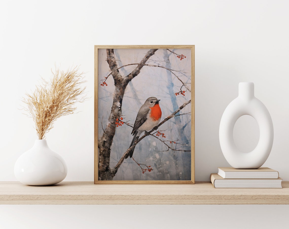 Robin on a Diagonal Branch with Bright Red Winter Berries Poster - Image 3