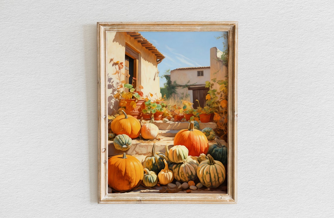 Rustic Pumpkin Collection Sunlit Farmhouse Steps Scene Poster