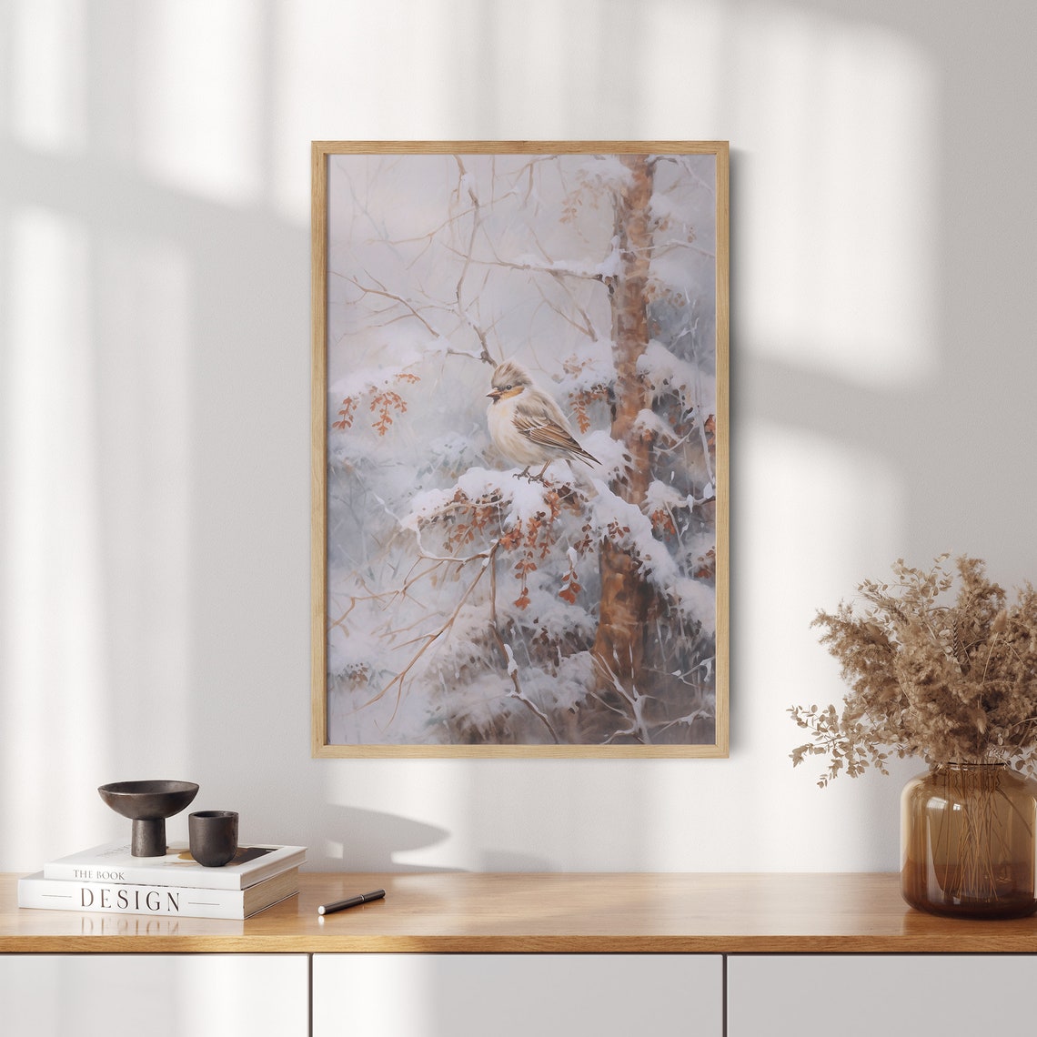Lone Small Bird on Snow Covered Branch in Misty Winter Wood Art Poster - Image 2