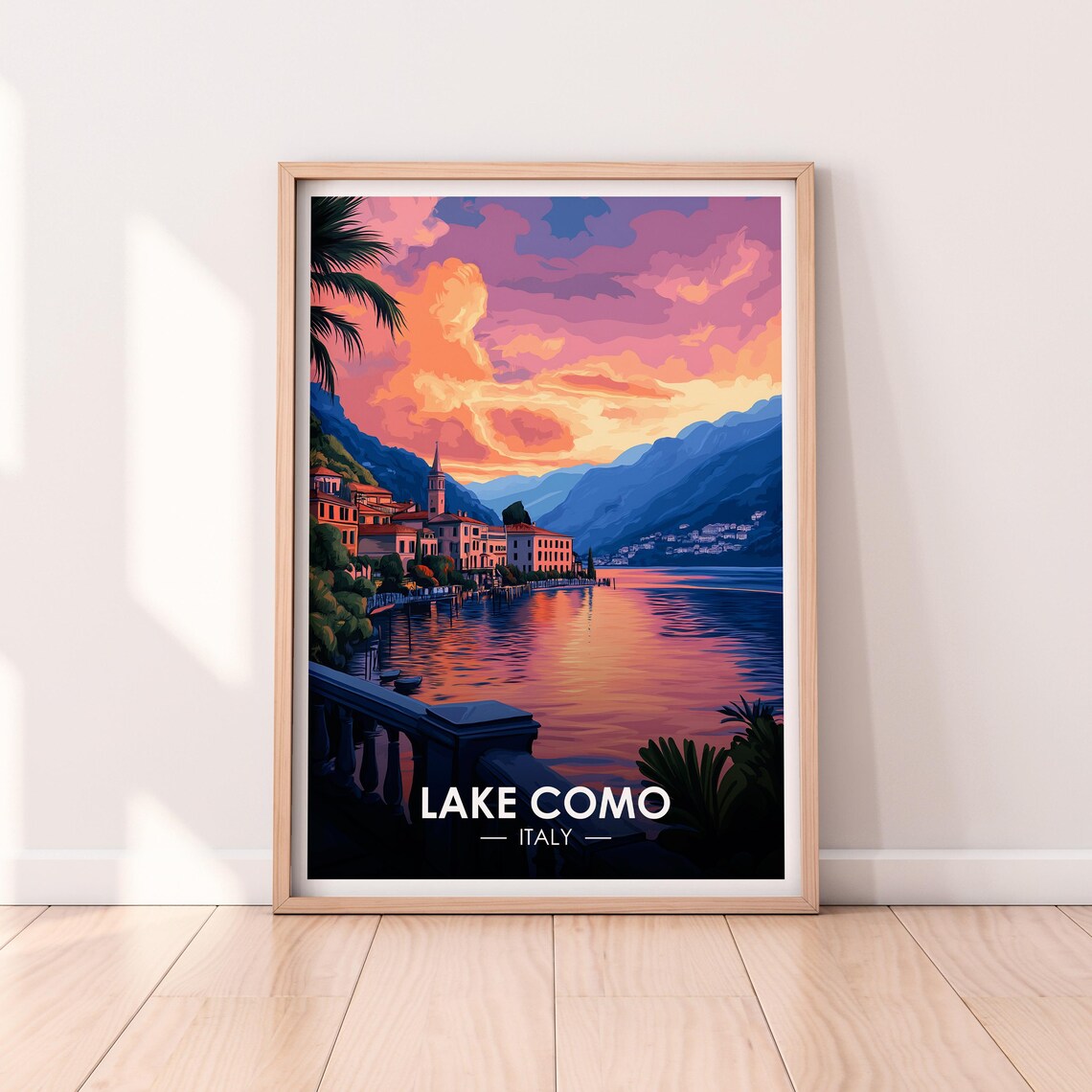 Lake Como Italy Sunset Lake Village Mountains Vintage Travel Poster