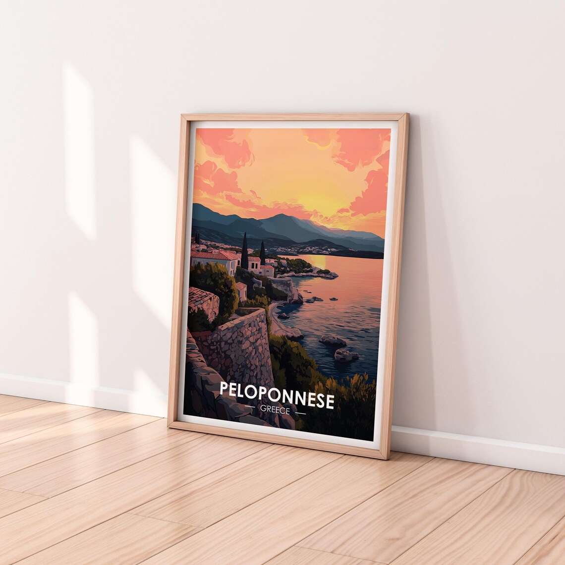 Peloponnese Greece Golden Sunset Coast Rocky Shore Travel Poster - Image 2