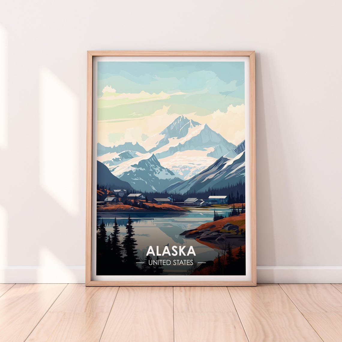 Alaska Lakeside Mountain Town Pine Forest Peaks Travel Poster